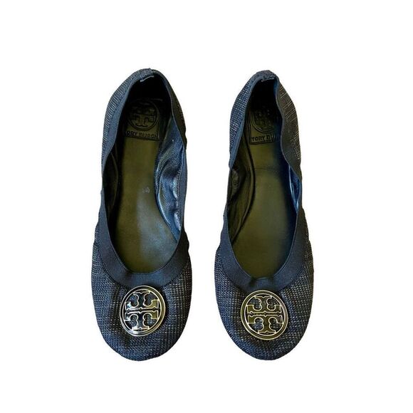 Tory Burch Caroline Black Flats with Gold Metallic Thread 8.5 - Picture 1 of 10
